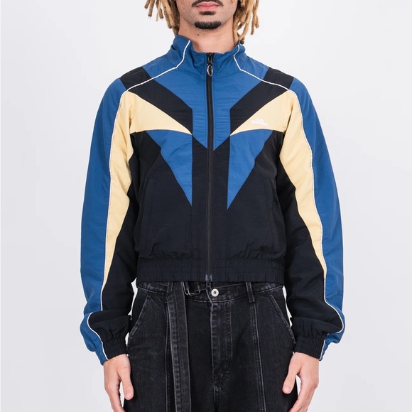 Martine Rose Shrunken Track Jacket Blue and Black Windbreaker with Cream Accents
